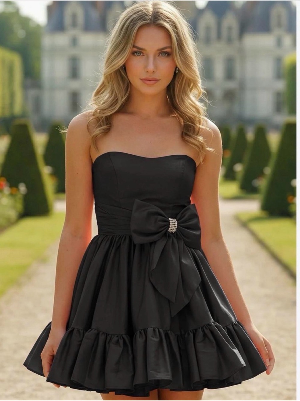 Sherri Hill Strapless Black Bow Skater Dress